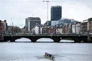 22 March 2025; The UCD Senior Women's team, from front to back, Alison Daly, Eimear Muldoon, Sarah Butler, Dervila O’Brien, Tara Phelan, Aoife Feeley, Niamh Campbell, Lauryn Roche and Neasa Farrell make their way to the starting line before the 75th annual Colours Boat Race between UCD and Trinity College on the River Liffey in Dublin. Photo by Shauna Clinton/Sportsfile