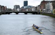22 March 2025; The UCD Senior Women's team, from front to back, Alison Daly, Eimear Muldoon, Sarah Butler, Dervila O’Brien, Tara Phelan, Aoife Feeley, Niamh Campbell, Lauryn Roche and Neasa Farrell make their way to the starting line before the 75th annual Colours Boat Race between UCD and Trinity College on the River Liffey in Dublin. Photo by Shauna Clinton/Sportsfile