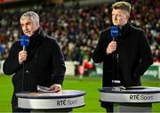 22 March 2025; RTÉ Sport analysts Liam Sheedy, left, and Joe Canning before the Allianz Hurling League Division 1A match between Cork and Galway at SuperValu Páirc Uí Chaoimh in Cork. Photo by Piaras Ó Mídheach/Sportsfile