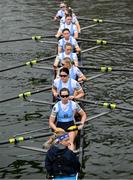 22 March 2025; The UCD Novice Women's team, from front to back, Carrie Savage, Kate Ormsby, Isabella Devitt, Aoife Rendu, Martina D’Amico, Kate O’Doherty, Evie Jennings, Leonore Church and Jessica Chamberlain make their way to the starting line before the 75th annual Colours Boat Race between UCD and Trinity College on the River Liffey in Dublin. Photo by Shauna Clinton/Sportsfile
