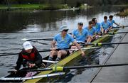 22 March 2025; The UCD Senior Men's team, from front to back, Eoin McGrath, David Ross-Chu, Andrew O’Leary, Ciaran Conway, Paul Flood, Ross Mason, Daire Lynch, Dach Murray and Rhian Nelson after winning the Gannon Cup against The Trinity College Senior Men's team in the 75th annual Colours Boat Race between UCD and Trinity College on the River Liffey in Dublin. Photo by Shauna Clinton/Sportsfile