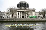 22 March 2025; The UCD Senior Men's team, from front to back, Eoin McGrath, David Ross-Chu, Andrew O’Leary, Ciaran Conway, Paul Flood, Ross Mason, Daire Lynch, Dach Murray and Rhian Nelson contest the Gannon Cup against The Trinity College Senior Men's team during the 75th annual Colours Boat Race between UCD and Trinity College on the River Liffey in Dublin. Photo by Shauna Clinton/Sportsfile