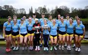 22 March 2025; The UCD Senior Men's team, back row, from left, Dach Murray, Daire Lynch, Ross Mason, Paul Flood, Ciaran Conway, Andrew O'Leary, David Ross-Chu and Eoin McGrath with the UCD Senior Women's team, front row, from left, Lauryn Roche, Niamh Campbell, Aoife Feeley, Tara Phelan, Rhian Nelson, Dervila O’Brien, Sarah Butler, Eimear Muldoon and Alison Daly celebrate after winning the 75th annual Colours Boat Race between UCD and Trinity College on the River Liffey in Dublin. Photo by Shauna Clinton/Sportsfile