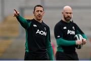 22 March 2025; Ireland head coach Scott Bemand, left, and defence coach Hugh Hogan before the Women's Six Nations Rugby Championship match between Ireland and France at Kingspan Stadium in Belfast. Photo by Ramsey Cardy/Sportsfile