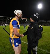 22 March 2025; Tipperary manager Liam Cahill shakes hands with Conor Cleary of Clare after the Allianz Hurling League Division 1A match between Tipperary and Clare at FBD Semple Stadium in Thurles, Tipperary. Photo by Ben McShane/Sportsfile