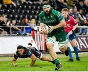 22 March 2025; Shamus Hurley-Langton of Connacht on his way scoring his sides sixth try during the United Rugby Championship match between Ospreys and Connacht at Swansea.com Stadium in Swansea, Wales. Photo by Geraint Nicholas/Sportsfile