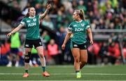 22 March 2025; Aoife Dalton, right, and Eve Higgins of Ireland during the Women's Six Nations Rugby Championship match between Ireland and France at Kingspan Stadium in Belfast. Photo by Ramsey Cardy/Sportsfile