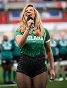 22 March 2025; Singer Lyra performs Ireland's Call before the Women's Six Nations Rugby Championship match between Ireland and France at Kingspan Stadium in Belfast. Photo by Ramsey Cardy/Sportsfile