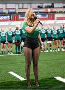 22 March 2025; Singer Lyra performs Ireland's Call before the Women's Six Nations Rugby Championship match between Ireland and France at Kingspan Stadium in Belfast. Photo by Ramsey Cardy/Sportsfile