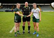 22 March 2025; Team captains Anna Galvin of Kerry and Mary Kate Lynch of Meath shake hands in the company of referee Shane Curley before the Lidl Ladies National Football League Division 1 Round 6 match between Kerry and Meath at Austin Stack Park in Tralee, Kerry. Photo by Brendan Moran/Sportsfile