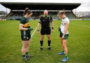 22 March 2025; Referee Shane Curley performs the coin toss in thge company of team captains Anna Galvin of Kerry and Mary Kate Lynch of Meath before the Lidl Ladies National Football League Division 1 Round 6 match between Kerry and Meath at Austin Stack Park in Tralee, Kerry. Photo by Brendan Moran/Sportsfile