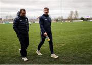 23 March 2025; Antrim manager Andy McEntee with player Joseph Finnegan before the Allianz Football League Division 3 match between Kildare and Antrim at Cedral St. Conleth's Park in Newbridge, Kildare. Photo by Thomas Flinkow/Sportsfile