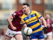 23 March 2025; Ciaráin Murtagh of Roscommon in action against Fionn O'Hara of Westmeath during the Allianz Football League Division 2 match between Westmeath and Roscommon at TEG Cusack Park in Mullingar, Westmeath. Photo by Michael P Ryan/Sportsfile
