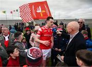 23 March 2025; Tommy Durnin of Louth does an interview with Mike McCartney of RTÉ after the Allianz Football League Division 2 match between Louth and Meath at Grattan Park in Inniskeen, Monaghan. Photo by Daire Brennan/Sportsfile