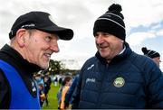 23 March 2025; Offaly joint manager Mickey Harte in conversation with Offaly GAA chairman Michael Duignan after the Allianz Football League Division 3 match between Clare and Offaly at Cusack Park in Ennis, Clare. Photo by Tom Beary/Sportsfile