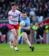 23 March 2025; Con O'Callaghan of Dublin in action against Aodhan Donaghy of Tyrone during the Allianz Football League Division 1 match between Tyrone and Dublin at O'Neills Healy Park in Omagh, Tyrone. Photo by Ray McManus/Sportsfile