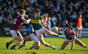 23 March 2025; Paul Geaney of Kerry in action against Galway players, from left, Johnny McGrath, Paul Conroy and Séan Mulkerrin of Galway during the Allianz Football League Division 1 match between Galway and Kerry at Pearse Stadium in Galway. Photo by Brendan Moran/Sportsfile