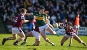 23 March 2025; Paul Geaney of Kerry in action against Galway players, from left, Johnny McGrath, Paul Conroy and Séan Mulkerrin of Galway during the Allianz Football League Division 1 match between Galway and Kerry at Pearse Stadium in Galway. Photo by Brendan Moran/Sportsfile