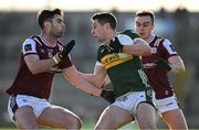 23 March 2025; Paul Geaney of Kerry in action against Séan Mulkerrin and Daniel O'Flaherty of Galway during the Allianz Football League Division 1 match between Galway and Kerry at Pearse Stadium in Galway. Photo by Brendan Moran/Sportsfile