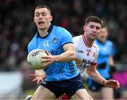 23 March 2025; Con O'Callaghan of Dublin in action against Niall Devlin of Tyrone during the Allianz Football League Division 1 match between Tyrone and Dublin at O'Neills Healy Park in Omagh, Tyrone. Photo by Ray McManus/Sportsfile