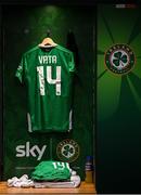23 March 2025; The jersey of Rocco Vata hangs in the Republic of Ireland dressing room before the UEFA Nations League B/C Play-off 2nd Leg match between Republic of Ireland and Bulgaria at the Aviva Stadium in Dublin. Photo by Stephen McCarthy/Sportsfile