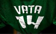 23 March 2025; The jersey of Rocco Vata hangs in the Republic of Ireland dressing room before the UEFA Nations League B/C Play-off 2nd Leg match between Republic of Ireland and Bulgaria at the Aviva Stadium in Dublin. Photo by Stephen McCarthy/Sportsfile