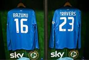 23 March 2025; The jerseys of Republic of Ireland goalkeepers Gavin Bazunu, left, and Mark Travers hang in the dressing room before the UEFA Nations League B/C Play-off 2nd Leg match between Republic of Ireland and Bulgaria at the Aviva Stadium in Dublin. Photo by Stephen McCarthy/Sportsfile
