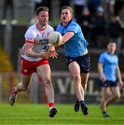 23 March 2025; Brian Kennedy of Tyrone in action against Peadar Ó Cofaigh Byrne of Dublin during the Allianz Football League Division 1 match between Tyrone and Dublin at O'Neills Healy Park in Omagh, Tyrone. Photo by Ray McManus/Sportsfile