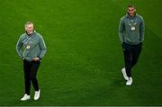 23 March 2025; Republic of Ireland head coach Heimir Hallgrimsson shares a joke with Republic of Ireland goalkeeper Gavin Bazunu before the UEFA Nations League B/C Play-off 2nd Leg match between Republic of Ireland and Bulgaria at the Aviva Stadium in Dublin. Photo by Sam Barnes/Sportsfile