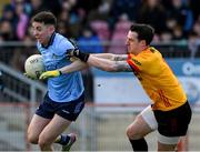 23 March 2025; Cormac Costello of Dublin in action against Tyrone goalkeeper Niall Morgan during the Allianz Football League Division 1 match between Tyrone and Dublin at O'Neills Healy Park in Omagh, Tyrone. Photo by Ray McManus/Sportsfile