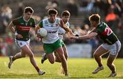 23 March 2025; Dáire Ó Baoill of Donegal in action against Jack Carney of Mayo, right, during the Allianz Football League Division 1 match between Mayo and Donegal at Hastings Insurance MacHale Park in Castlebar, Mayo. Photo by Piaras Ó Mídheach/Sportsfile