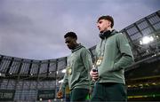 23 March 2025; James Abankwah, left, and Rocco Vata of Republic of Ireland before the UEFA Nations League B/C Play-off 2nd Leg match between Republic of Ireland and Bulgaria at the Aviva Stadium in Dublin. Photo by Stephen McCarthy/Sportsfile