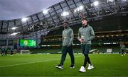 23 March 2025; James Abankwah, left, and Rocco Vata of Republic of Ireland before the UEFA Nations League B/C Play-off 2nd Leg match between Republic of Ireland and Bulgaria at the Aviva Stadium in Dublin. Photo by Stephen McCarthy/Sportsfile