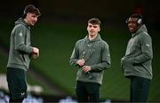 23 March 2025; Republic of Ireland players, from left, Rocco Vata, Andrew Moran and Sinclair Armstrong before the UEFA Nations League B/C Play-off 2nd Leg match between Republic of Ireland and Bulgaria at the Aviva Stadium in Dublin. Photo by Ben McShane/Sportsfile