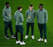 23 March 2025; Republic of Ireland players, from left, James Abankwah, Rocco Vata, Andrew Moran and Sinclair Armstrong before the UEFA Nations League B/C Play-off 2nd Leg match between Republic of Ireland and Bulgaria at the Aviva Stadium in Dublin. Photo by Sam Barnes/Sportsfile