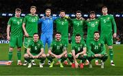 23 March 2025; The Republic of Ireland team, back row, from left, Evan Ferguson, Nathan Collins, Caoimhin Kelleher, Matt Doherty, Finn Azaz, Troy Parrott and Jake O'Brien, front row, from left, Josh Cullen, Robbie Brady, Jason Knight and Mikey Johnston before the UEFA Nations League B/C Play-off 2nd Leg match between Republic of Ireland and Bulgaria at the Aviva Stadium in Dublin. Photo by Stephen McCarthy/Sportsfile