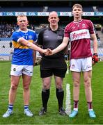 17 March 2025; CBS Thurles captain Robbie Ryan, referee Johnny Murphy and Presentation College Athenry captain Jason Rabbitte before the Masita GAA Hurling Post Primary Schools Croke Cup final match between Presentation College Athenry, Gaway and CBS Thurles, Tipperary at Croke Park in Dublin. Photo by Stephen Marken/Sportsfile