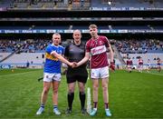 17 March 2025; CBS Thurles captain Robbie Ryan, referee Johnny Murphy and Presentation College Athenry captain Jason Rabbitte before the Masita GAA Hurling Post Primary Schools Croke Cup final match between Presentation College Athenry, Gaway and CBS Thurles, Tipperary at Croke Park in Dublin. Photo by Stephen Marken/Sportsfile
