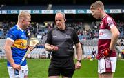 17 March 2025; CBS Thurles captain Robbie Ryan, referee Johnny Murphy and Presentation College Athenry captain Jason Rabbitte before the Masita GAA Hurling Post Primary Schools Croke Cup final match between Presentation College Athenry, Gaway and CBS Thurles, Tipperary at Croke Park in Dublin. Photo by Stephen Marken/Sportsfile