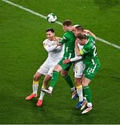 23 March 2025; Republic of Ireland players, Jake O'Brien, second from left, and Nathan Collins in action against Bulgaria players Simeon Petrov, left, and Valentin Antov during the UEFA Nations League B/C Play-off 2nd Leg match between Republic of Ireland and Bulgaria at the Aviva Stadium in Dublin. Photo by Sam Barnes/Sportsfile