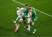 23 March 2025; Republic of Ireland players, Jake O'Brien, second from left, and Nathan Collins in action against Bulgaria players Simeon Petrov, left, and Valentin Antov during the UEFA Nations League B/C Play-off 2nd Leg match between Republic of Ireland and Bulgaria at the Aviva Stadium in Dublin. Photo by Sam Barnes/Sportsfile