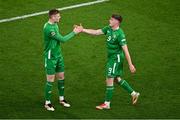 23 March 2025; Evan Ferguson of Republic of Ireland, right, celebrates with team-mate Jake O'Brien after scoring their side's first goal during the UEFA Nations League B/C Play-off 2nd Leg match between Republic of Ireland and Bulgaria at the Aviva Stadium in Dublin. Photo by Sam Barnes/Sportsfile