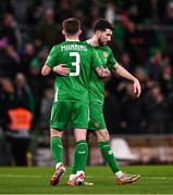 23 March 2025; Ryan Manning of Republic of Ireland, left, and team-mate Finn Azaz after the UEFA Nations League B/C Play-off 2nd Leg match between Republic of Ireland and Bulgaria at the Aviva Stadium in Dublin. Photo by Ben McShane/Sportsfile
