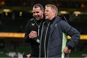 23 March 2025; Republic of Ireland head coach Heimir Hallgrimsson, right, and Republic of Ireland assistant head coach John O'Shea after the UEFA Nations League B/C Play-off 2nd Leg match between Republic of Ireland and Bulgaria at the Aviva Stadium in Dublin. Photo by Stephen McCarthy/Sportsfile