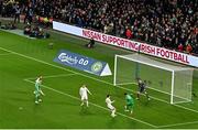 23 March 2025; Adam Idah of Republic of Ireland, 10, shoots to score his side's second goal during the UEFA Nations League B/C Play-off 2nd Leg match between Republic of Ireland and Bulgaria at the Aviva Stadium in Dublin. Photo by Sam Barnes/Sportsfile