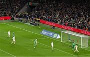 23 March 2025; Adam Idah of Republic of Ireland, 10, shoots to score his side's second goal during the UEFA Nations League B/C Play-off 2nd Leg match between Republic of Ireland and Bulgaria at the Aviva Stadium in Dublin. Photo by Sam Barnes/Sportsfile