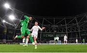 23 March 2025; Adam Idah of Republic of Ireland shoots to score his side's second goal during the UEFA Nations League B/C Play-off 2nd Leg match between Republic of Ireland and Bulgaria at the Aviva Stadium in Dublin. Photo by Stephen McCarthy/Sportsfile