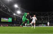 23 March 2025; Adam Idah of Republic of Ireland shoots to score his side's second goal during the UEFA Nations League B/C Play-off 2nd Leg match between Republic of Ireland and Bulgaria at the Aviva Stadium in Dublin. Photo by Stephen McCarthy/Sportsfile