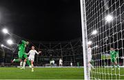 23 March 2025; Adam Idah of Republic of Ireland shoots to score his side's second goal during the UEFA Nations League B/C Play-off 2nd Leg match between Republic of Ireland and Bulgaria at the Aviva Stadium in Dublin. Photo by Stephen McCarthy/Sportsfile