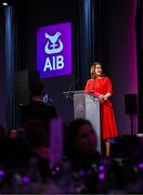 21 March 2025; AIB chief customer officer Orlaith Ryan during the AIB Club Player Awards at Croke Park in Dublin. The AIB Club Player Awards celebrated the best players from club Football, Hurling, Camogie, and LGFA in a single ceremony for the first time, recognising their outstanding achievements on the field throughout the season. Photo by Ramsey Cardy/Sportsfile